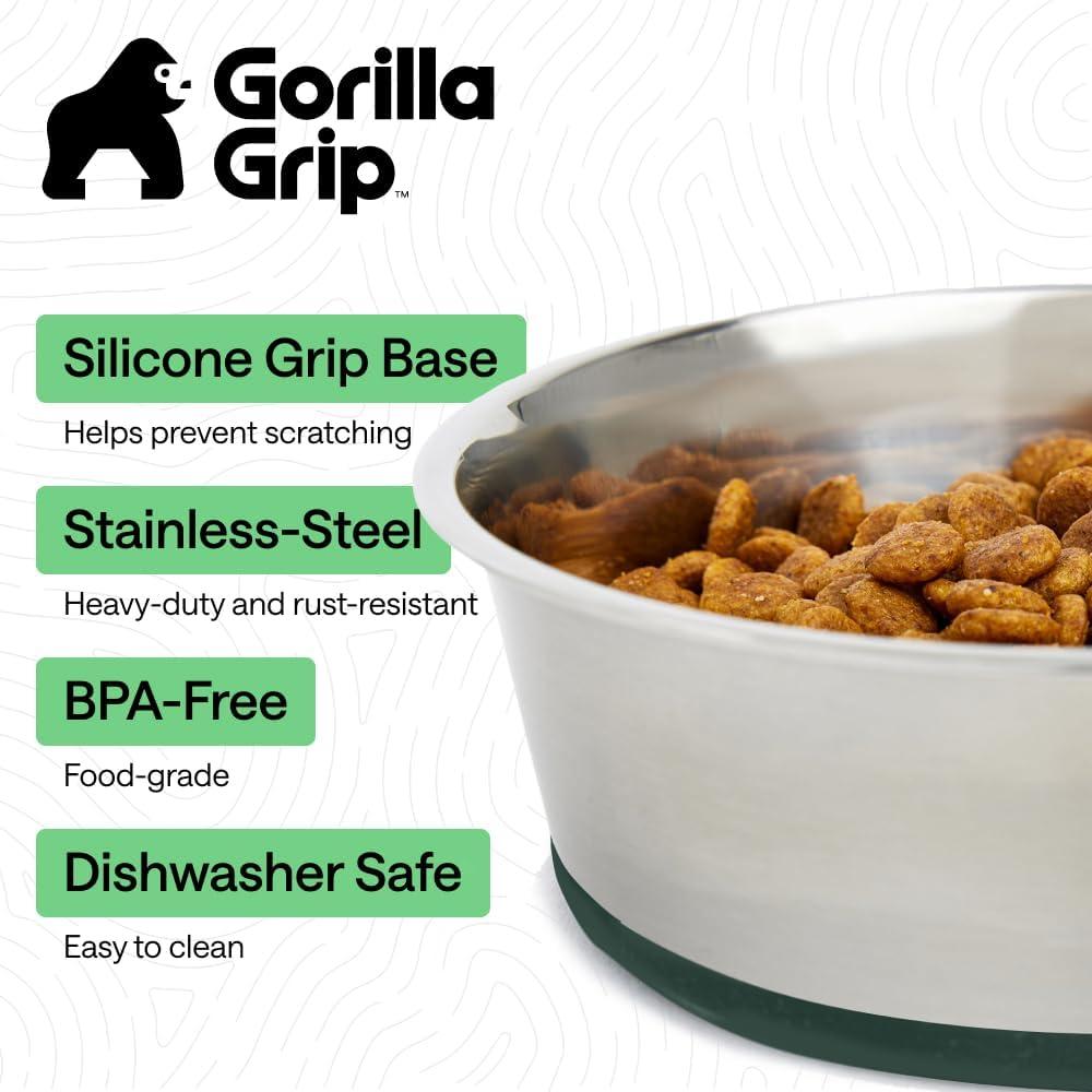imageGORILLA GRIP Dog Bowls Holds 2 Cups Each 16 fl oz Heavy Duty Stainless Steel Food and Water Bowl for Feeding Dogs and Cats Dishwasher Safe Rust Resistant BPA Free Rubber Base Set of 2 BlackHunter Green