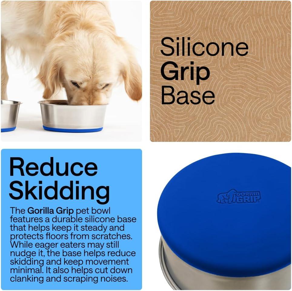 imageGORILLA GRIP Dog Bowls Holds 2 Cups Each 16 fl oz Heavy Duty Stainless Steel Food and Water Bowl for Feeding Dogs and Cats Dishwasher Safe Rust Resistant BPA Free Rubber Base Set of 2 BlackRoyal Blue
