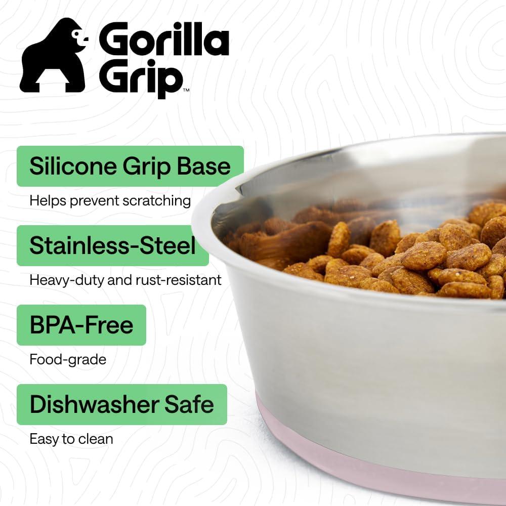 imageGORILLA GRIP Dog Bowls Holds 2 Cups Each 16 fl oz Heavy Duty Stainless Steel Food and Water Bowl for Feeding Dogs and Cats Dishwasher Safe Rust Resistant BPA Free Rubber Base Set of 2 BlackLight Pink