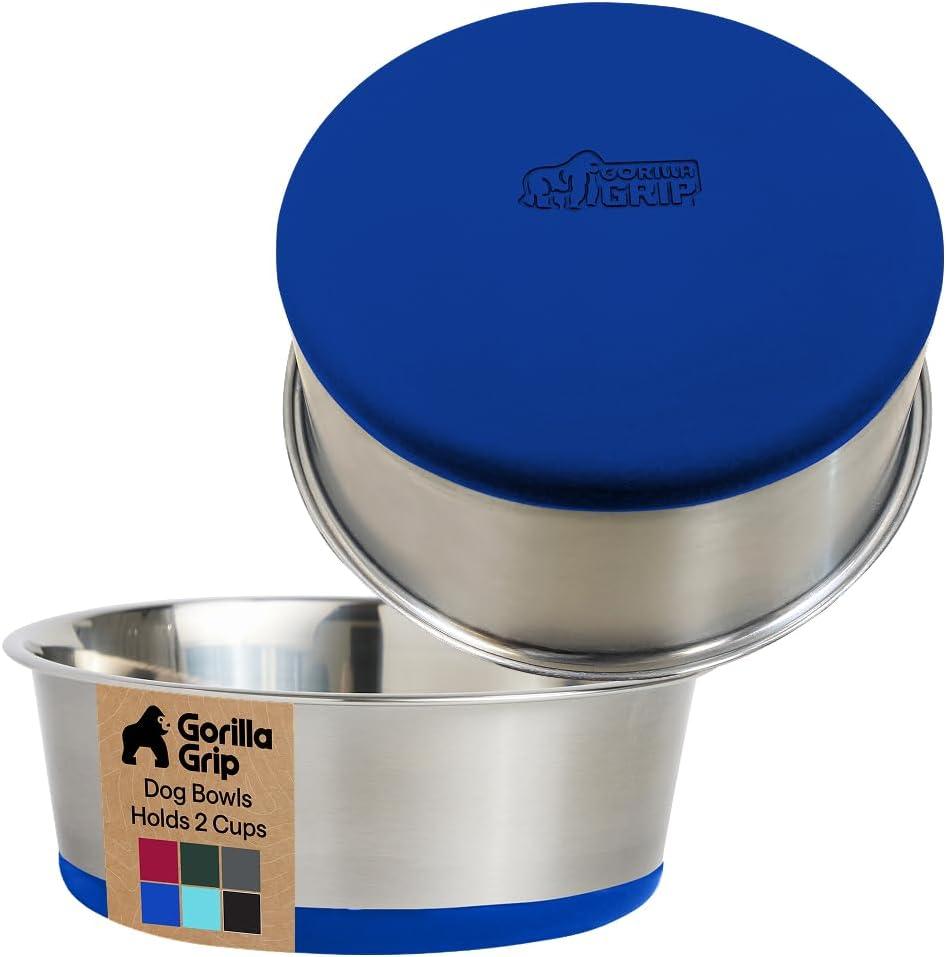 imageGORILLA GRIP Dog Bowls Holds 2 Cups Each 16 fl oz Heavy Duty Stainless Steel Food and Water Bowl for Feeding Dogs and Cats Dishwasher Safe Rust Resistant BPA Free Rubber Base Set of 2 BlackRoyal Blue