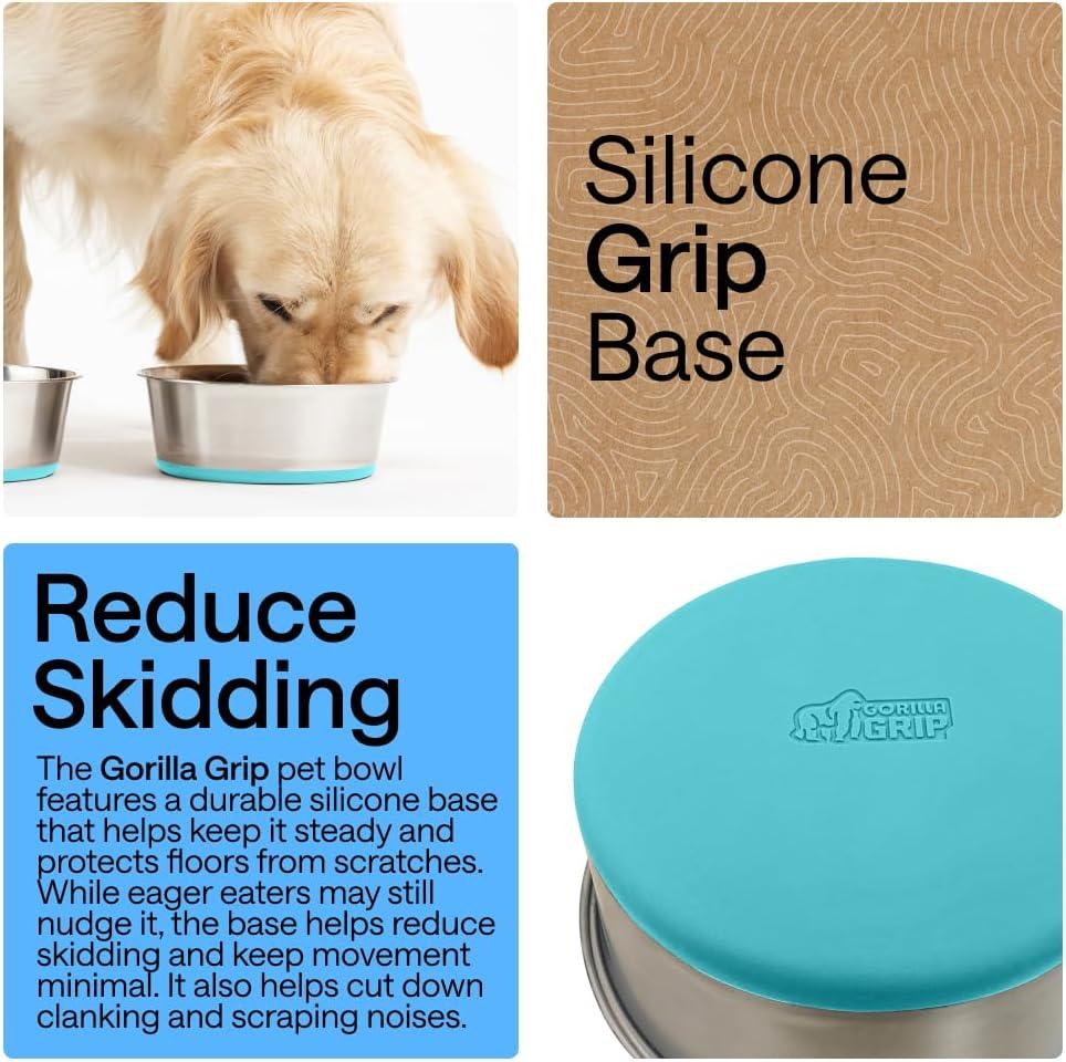 imageGORILLA GRIP Dog Bowls Holds 2 Cups Each 16 fl oz Heavy Duty Stainless Steel Food and Water Bowl for Feeding Dogs and Cats Dishwasher Safe Rust Resistant BPA Free Rubber Base Set of 2 BlackTurquoise