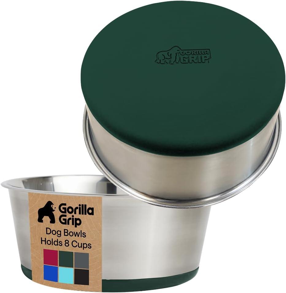 imageGORILLA GRIP Dog Bowls Holds 2 Cups Each 16 fl oz Heavy Duty Stainless Steel Food and Water Bowl for Feeding Dogs and Cats Dishwasher Safe Rust Resistant BPA Free Rubber Base Set of 2 BlackHunter Green