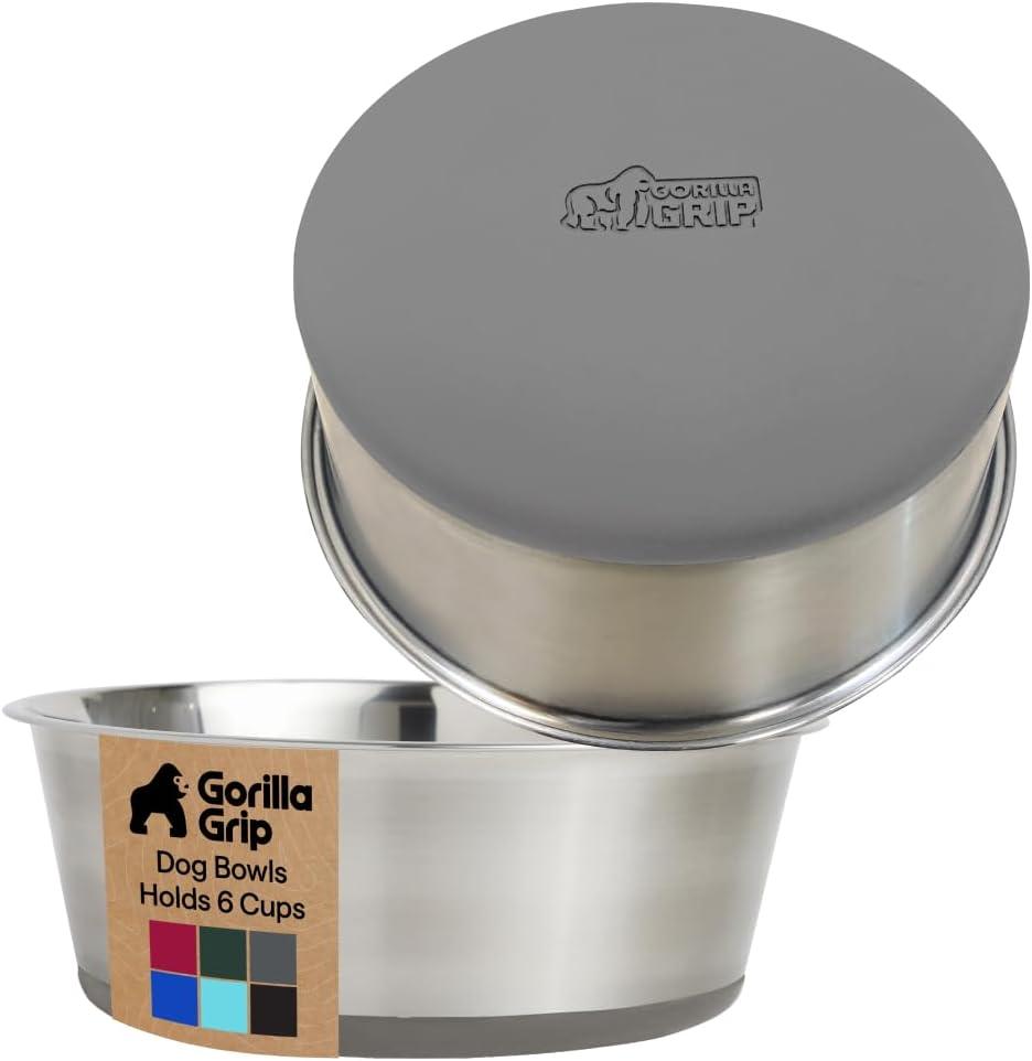 imageGORILLA GRIP Dog Bowls Holds 2 Cups Each 16 fl oz Heavy Duty Stainless Steel Food and Water Bowl for Feeding Dogs and Cats Dishwasher Safe Rust Resistant BPA Free Rubber Base Set of 2 BlackGray