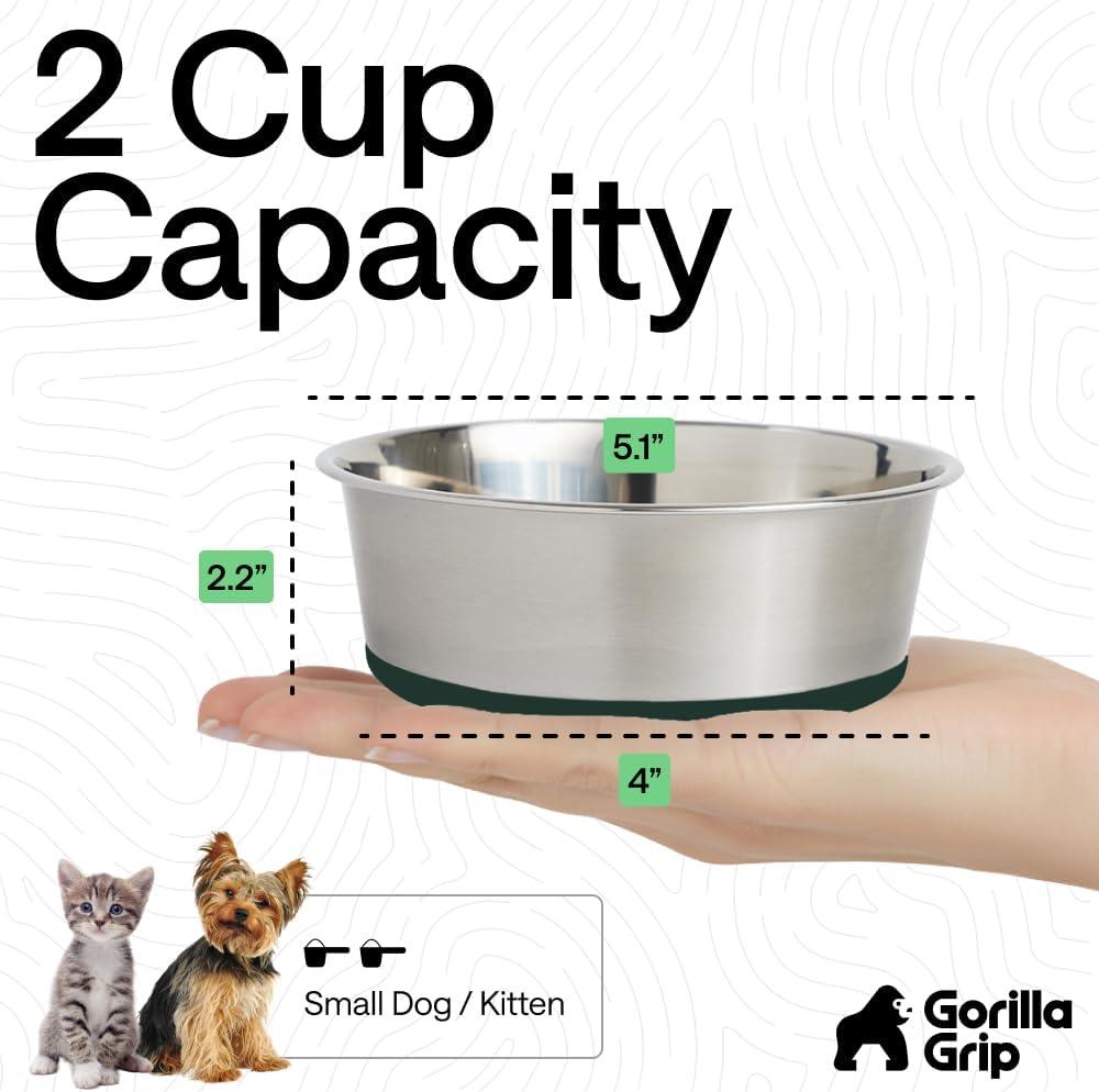 imageGORILLA GRIP Dog Bowls Holds 2 Cups Each 16 fl oz Heavy Duty Stainless Steel Food and Water Bowl for Feeding Dogs and Cats Dishwasher Safe Rust Resistant BPA Free Rubber Base Set of 2 BlackHunter Green