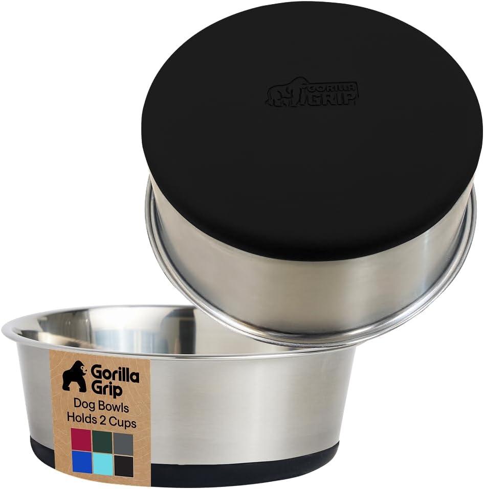 imageGORILLA GRIP Dog Bowls Holds 2 Cups Each 16 fl oz Heavy Duty Stainless Steel Food and Water Bowl for Feeding Dogs and Cats Dishwasher Safe Rust Resistant BPA Free Rubber Base Set of 2 BlackBlack