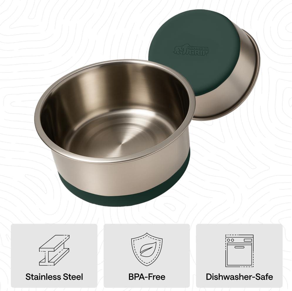 imageGORILLA GRIP Dog Bowls Holds 2 Cups Each 16 fl oz Heavy Duty Stainless Steel Food and Water Bowl for Feeding Dogs and Cats Dishwasher Safe Rust Resistant BPA Free Rubber Base Set of 2 BlackHunter Green