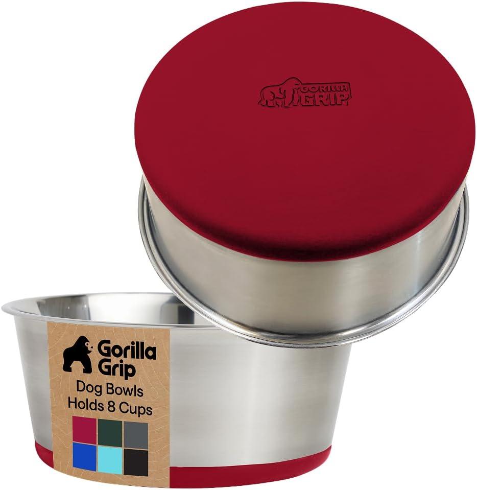 imageGORILLA GRIP Dog Bowls Holds 2 Cups Each 16 fl oz Heavy Duty Stainless Steel Food and Water Bowl for Feeding Dogs and Cats Dishwasher Safe Rust Resistant BPA Free Rubber Base Set of 2 BlackRed
