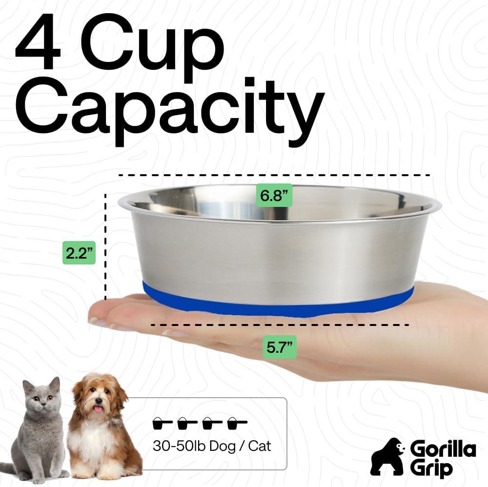imageGORILLA GRIP Dog Bowls Holds 2 Cups Each 16 fl oz Heavy Duty Stainless Steel Food and Water Bowl for Feeding Dogs and Cats Dishwasher Safe Rust Resistant BPA Free Rubber Base Set of 2 BlackRoyal Blue