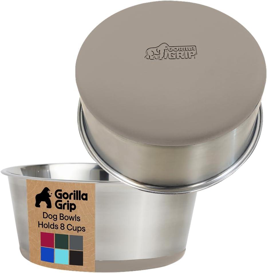 imageGORILLA GRIP Dog Bowls Holds 2 Cups Each 16 fl oz Heavy Duty Stainless Steel Food and Water Bowl for Feeding Dogs and Cats Dishwasher Safe Rust Resistant BPA Free Rubber Base Set of 2 BlackBeige