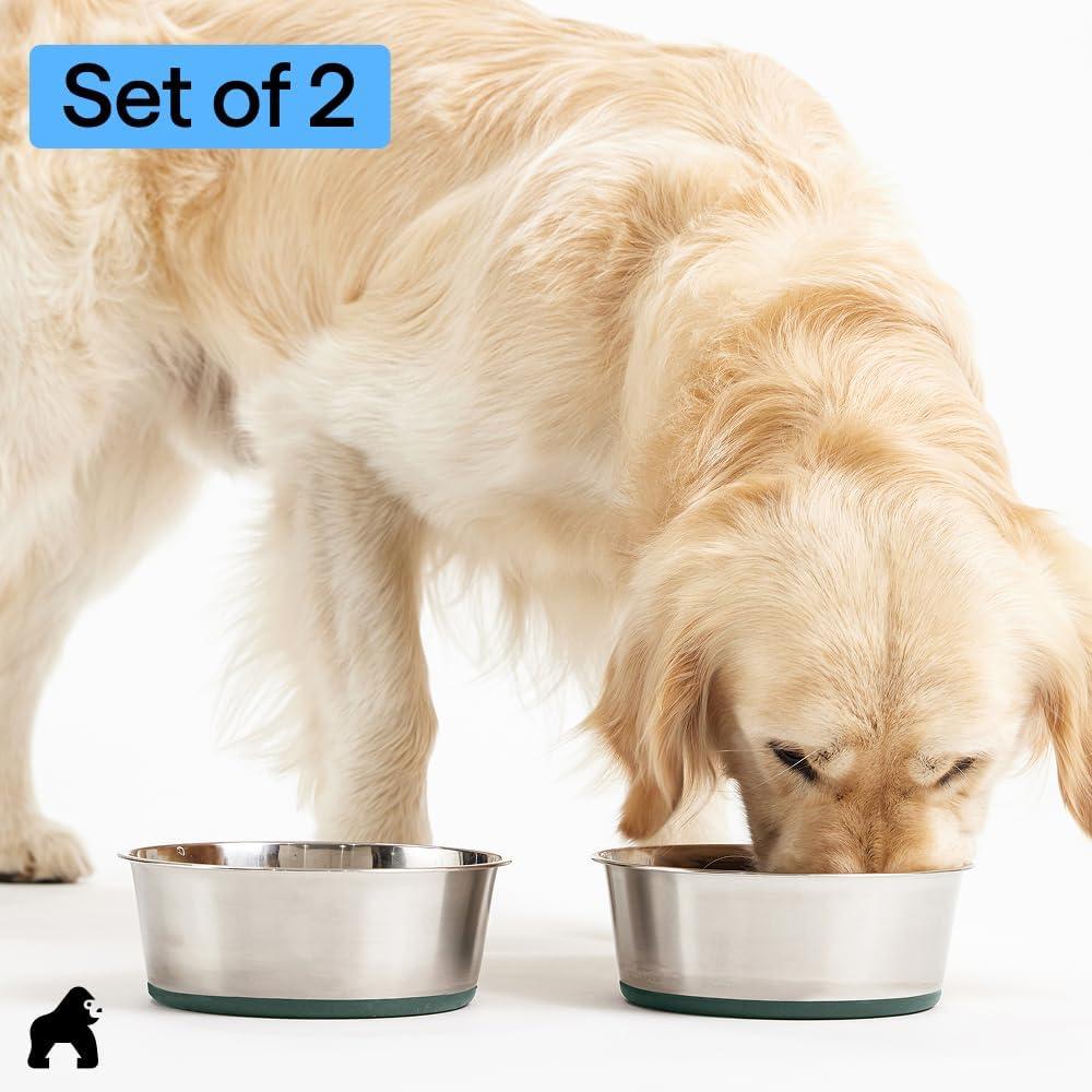imageGORILLA GRIP Dog Bowls Holds 2 Cups Each 16 fl oz Heavy Duty Stainless Steel Food and Water Bowl for Feeding Dogs and Cats Dishwasher Safe Rust Resistant BPA Free Rubber Base Set of 2 BlackHunter Green