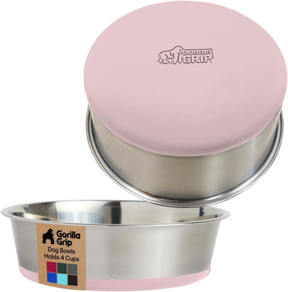 imageGORILLA GRIP Dog Bowls Holds 2 Cups Each 16 fl oz Heavy Duty Stainless Steel Food and Water Bowl for Feeding Dogs and Cats Dishwasher Safe Rust Resistant BPA Free Rubber Base Set of 2 BlackLight Pink