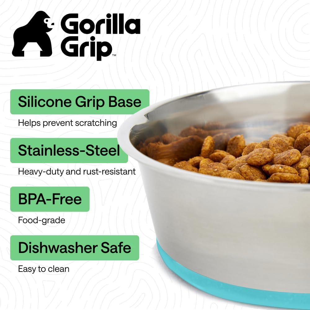 imageGORILLA GRIP Dog Bowls Holds 2 Cups Each 16 fl oz Heavy Duty Stainless Steel Food and Water Bowl for Feeding Dogs and Cats Dishwasher Safe Rust Resistant BPA Free Rubber Base Set of 2 BlackTurquoise