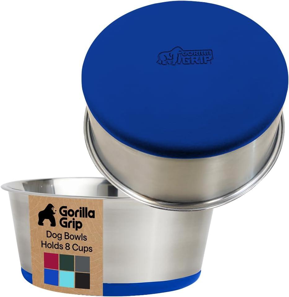 imageGORILLA GRIP Dog Bowls Holds 2 Cups Each 16 fl oz Heavy Duty Stainless Steel Food and Water Bowl for Feeding Dogs and Cats Dishwasher Safe Rust Resistant BPA Free Rubber Base Set of 2 BlackRoyal Blue