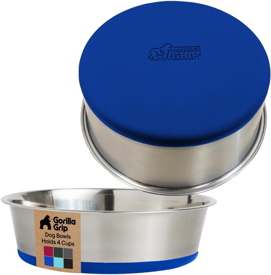 imageGORILLA GRIP Dog Bowls Holds 2 Cups Each 16 fl oz Heavy Duty Stainless Steel Food and Water Bowl for Feeding Dogs and Cats Dishwasher Safe Rust Resistant BPA Free Rubber Base Set of 2 BlackRoyal Blue