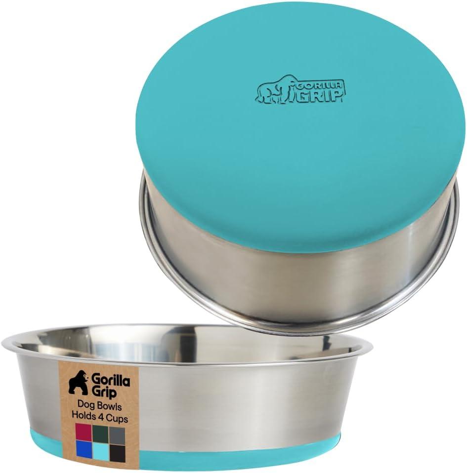 imageGORILLA GRIP Dog Bowls Holds 2 Cups Each 16 fl oz Heavy Duty Stainless Steel Food and Water Bowl for Feeding Dogs and Cats Dishwasher Safe Rust Resistant BPA Free Rubber Base Set of 2 BlackTurquoise