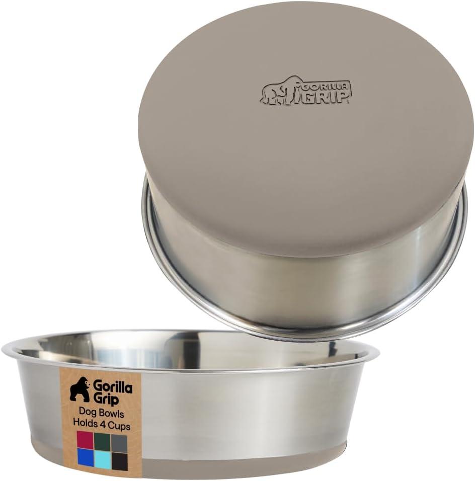 imageGORILLA GRIP Dog Bowls Holds 2 Cups Each 16 fl oz Heavy Duty Stainless Steel Food and Water Bowl for Feeding Dogs and Cats Dishwasher Safe Rust Resistant BPA Free Rubber Base Set of 2 BlackBeige