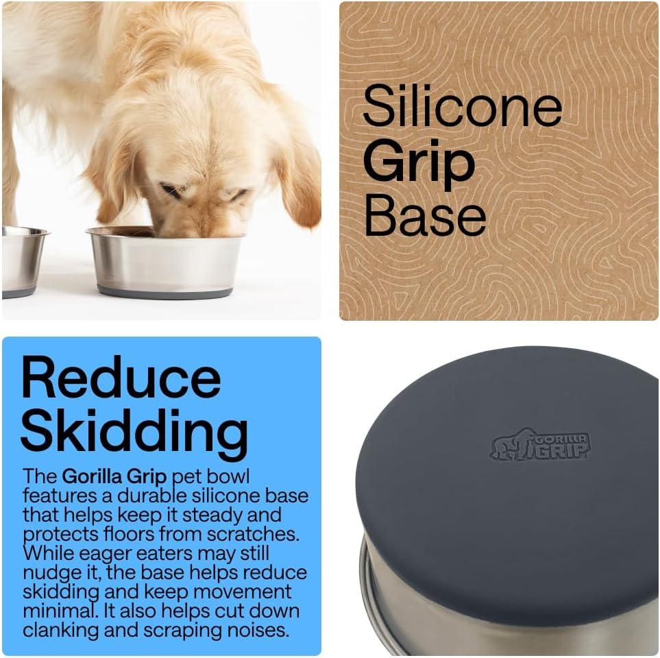 imageGORILLA GRIP Dog Bowls Holds 2 Cups Each 16 fl oz Heavy Duty Stainless Steel Food and Water Bowl for Feeding Dogs and Cats Dishwasher Safe Rust Resistant BPA Free Rubber Base Set of 2 BlackGray
