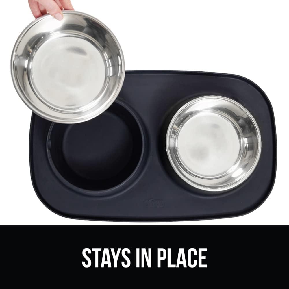 imageGORILLA GRIP Feeding Mat Set 4 Cup Patent Pending 100 Waterproof BPA Free Silicone Stainless Steel Cat and Dog Bowls Slip Resistant Edges Catch Water Food US Designed Pet Accessories TurquoiseBlack