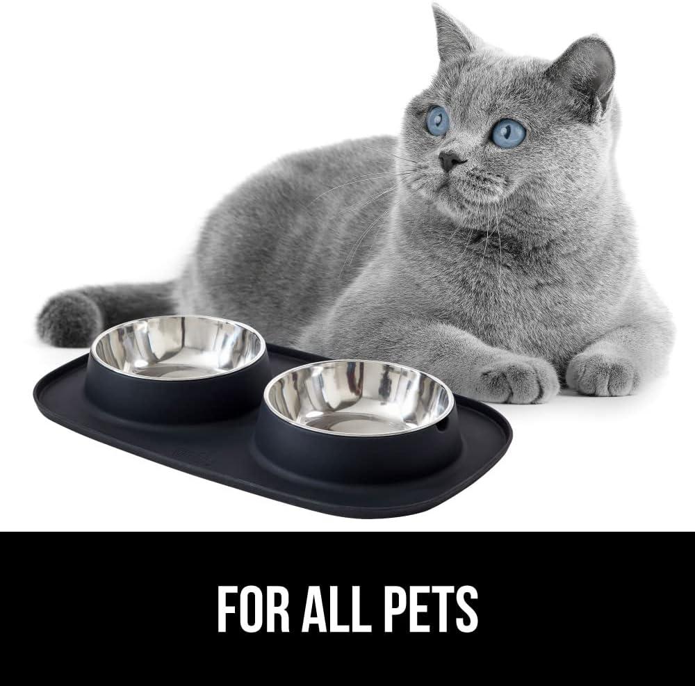 imageGORILLA GRIP Feeding Mat Set 4 Cup Patent Pending 100 Waterproof BPA Free Silicone Stainless Steel Cat and Dog Bowls Slip Resistant Edges Catch Water Food US Designed Pet Accessories TurquoiseBlack
