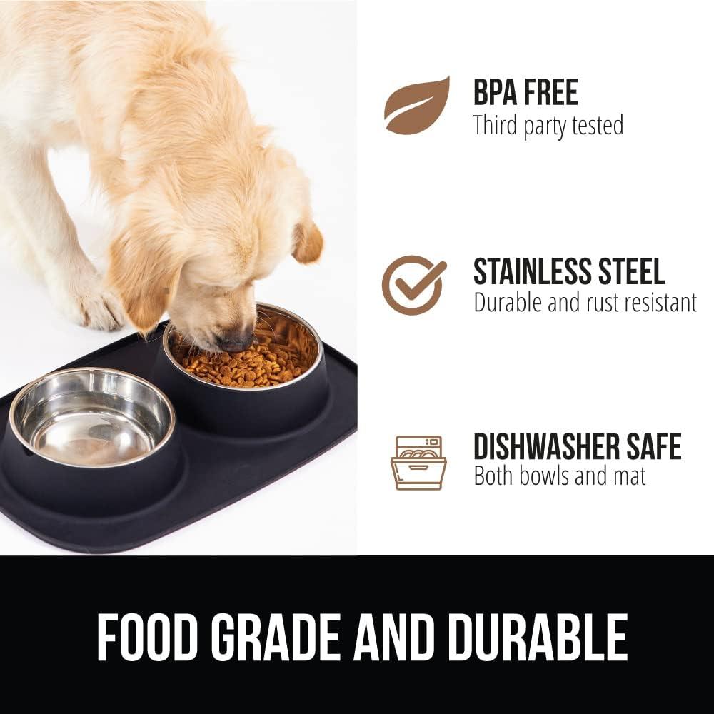 imageGORILLA GRIP Feeding Mat Set 4 Cup Patent Pending 100 Waterproof BPA Free Silicone Stainless Steel Cat and Dog Bowls Slip Resistant Edges Catch Water Food US Designed Pet Accessories TurquoiseBlack