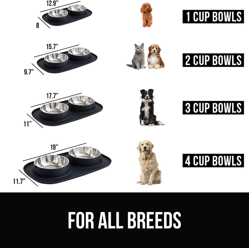 imageGORILLA GRIP Feeding Mat Set 4 Cup Patent Pending 100 Waterproof BPA Free Silicone Stainless Steel Cat and Dog Bowls Slip Resistant Edges Catch Water Food US Designed Pet Accessories TurquoiseBlack