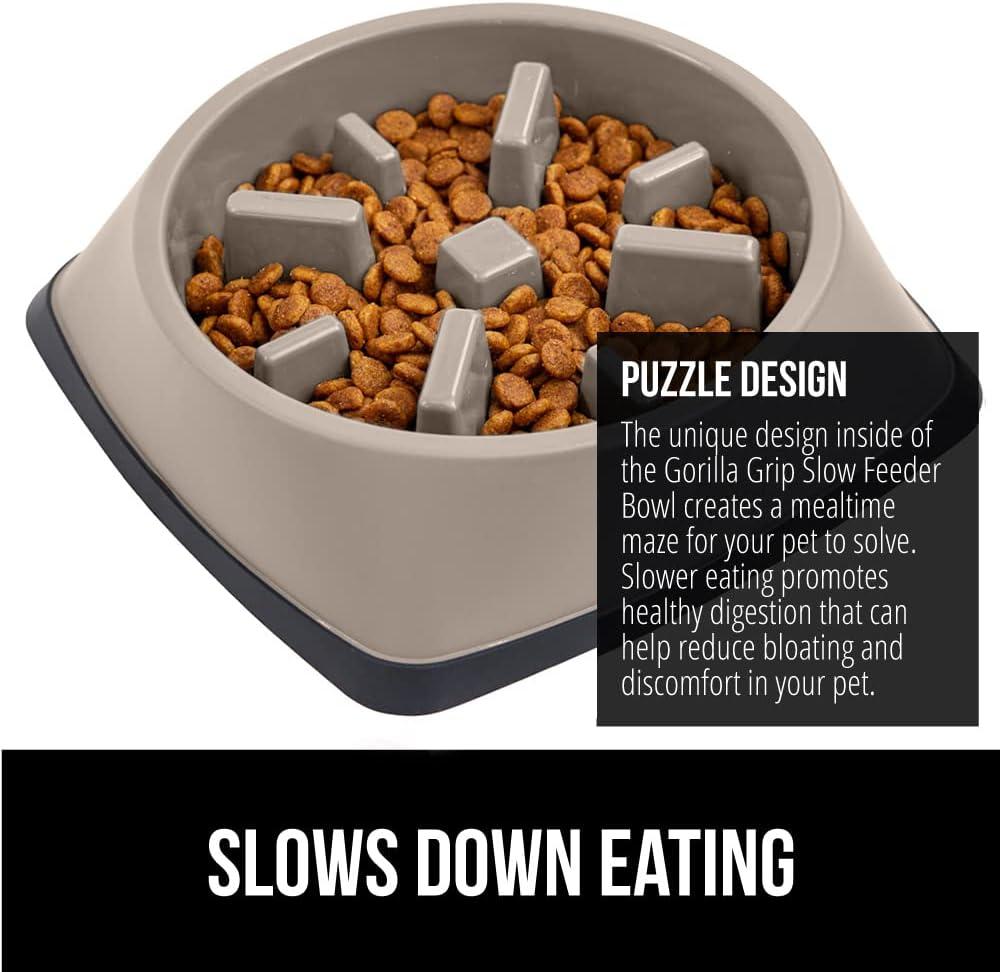 imageGORILLA GRIP Patented BPA Free Slow Feeder Dog Bowls Interactive Puzzle Toy for Dogs and Cats Food Training Enrichment Keeps Pets Busy and Prevents Puppy Overeating All Breeds 2 Cup GrayBeige