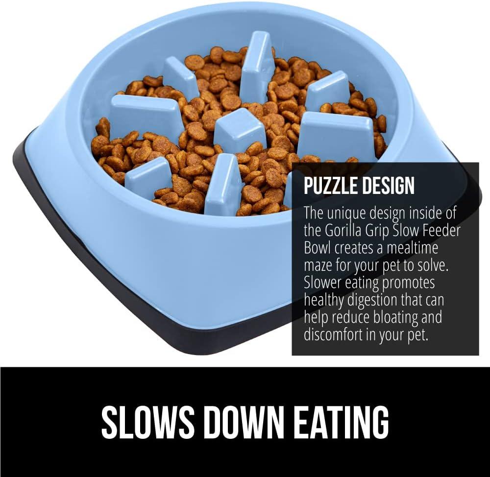 imageGORILLA GRIP Patented BPA Free Slow Feeder Dog Bowls Interactive Puzzle Toy for Dogs and Cats Food Training Enrichment Keeps Pets Busy and Prevents Puppy Overeating All Breeds 2 Cup GrayLight Blue