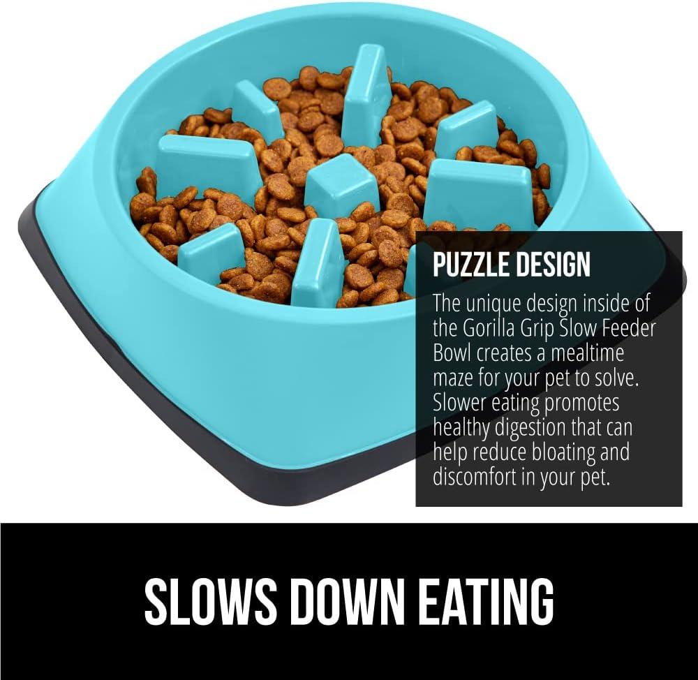imageGORILLA GRIP Patented BPA Free Slow Feeder Dog Bowls Interactive Puzzle Toy for Dogs and Cats Food Training Enrichment Keeps Pets Busy and Prevents Puppy Overeating All Breeds 2 Cup GrayTurquoise
