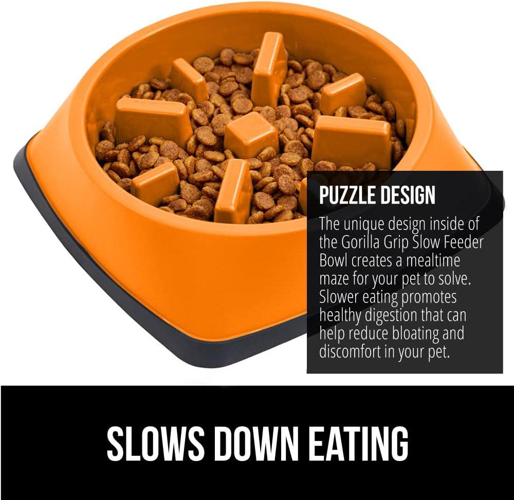 imageGORILLA GRIP Patented BPA Free Slow Feeder Dog Bowls Interactive Puzzle Toy for Dogs and Cats Food Training Enrichment Keeps Pets Busy and Prevents Puppy Overeating All Breeds 2 Cup GrayOrange