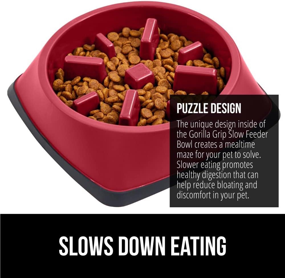 imageGORILLA GRIP Patented BPA Free Slow Feeder Dog Bowls Interactive Puzzle Toy for Dogs and Cats Food Training Enrichment Keeps Pets Busy and Prevents Puppy Overeating All Breeds 2 Cup GrayRed
