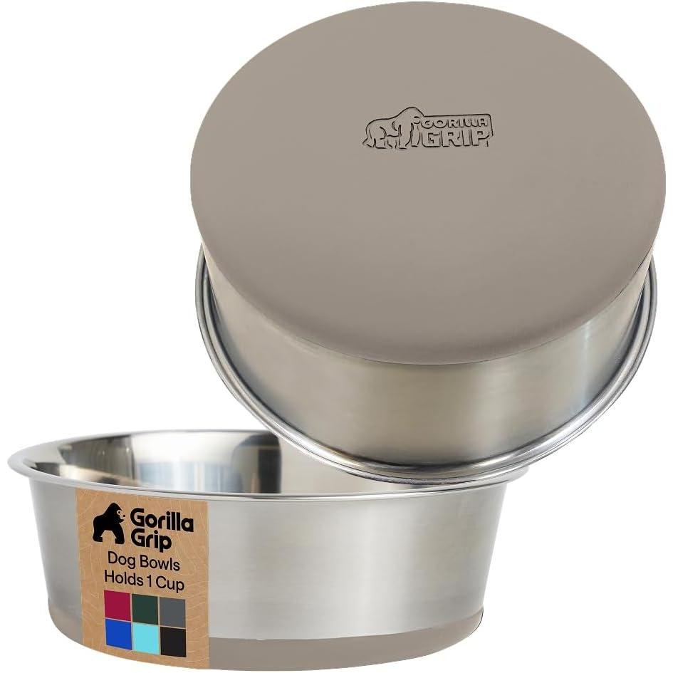 imageGORILLA GRIP Dog Bowls Holds 2 Cups Each 16 fl oz Heavy Duty Stainless Steel Food and Water Bowl for Feeding Dogs and Cats Dishwasher Safe Rust Resistant BPA Free Rubber Base Set of 2 BlackBeige