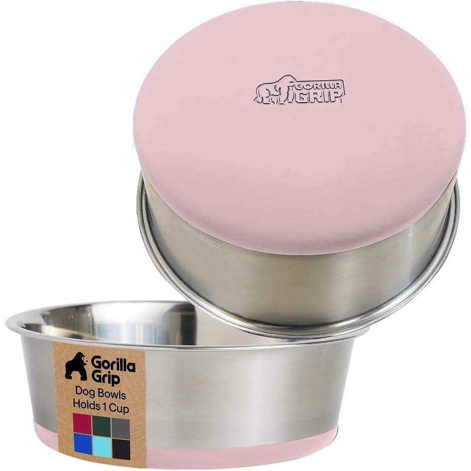 imageGORILLA GRIP Dog Bowls Holds 2 Cups Each 16 fl oz Heavy Duty Stainless Steel Food and Water Bowl for Feeding Dogs and Cats Dishwasher Safe Rust Resistant BPA Free Rubber Base Set of 2 BlackLight Pink
