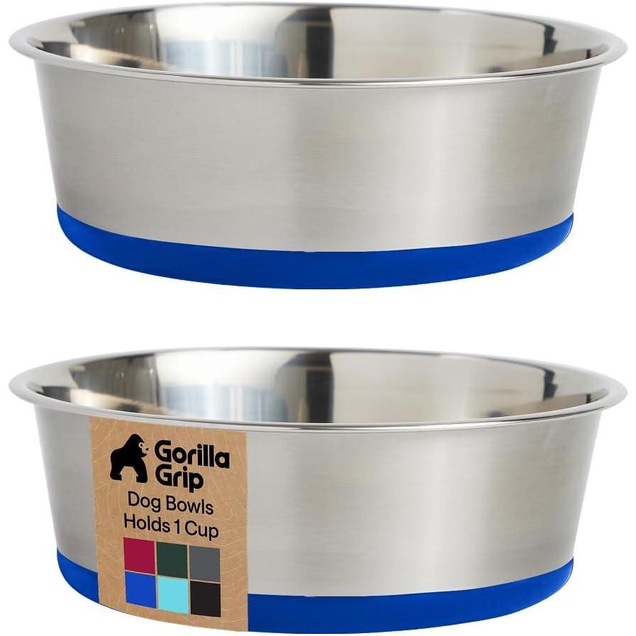 imageGORILLA GRIP Dog Bowls Holds 2 Cups Each 16 fl oz Heavy Duty Stainless Steel Food and Water Bowl for Feeding Dogs and Cats Dishwasher Safe Rust Resistant BPA Free Rubber Base Set of 2 BlackRoyal Blue