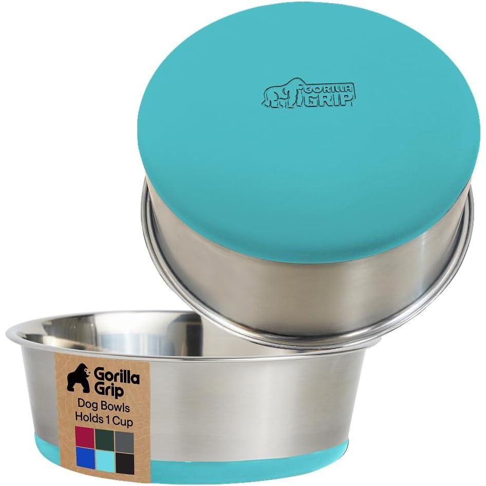imageGORILLA GRIP Dog Bowls Holds 2 Cups Each 16 fl oz Heavy Duty Stainless Steel Food and Water Bowl for Feeding Dogs and Cats Dishwasher Safe Rust Resistant BPA Free Rubber Base Set of 2 BlackTurquoise