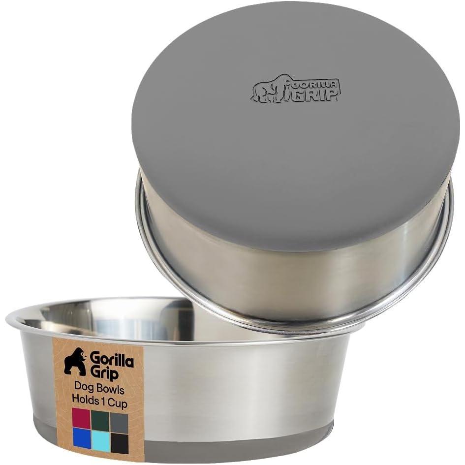 imageGORILLA GRIP Dog Bowls Holds 2 Cups Each 16 fl oz Heavy Duty Stainless Steel Food and Water Bowl for Feeding Dogs and Cats Dishwasher Safe Rust Resistant BPA Free Rubber Base Set of 2 BlackGray