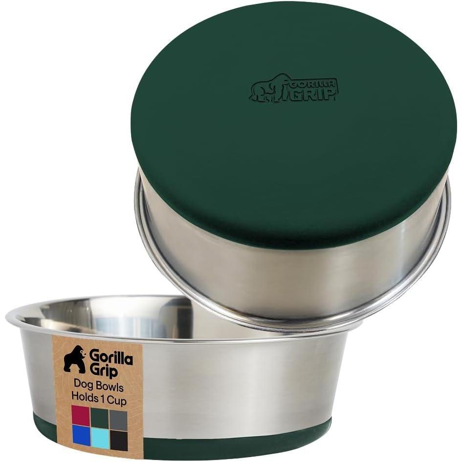 imageGORILLA GRIP Dog Bowls Holds 2 Cups Each 16 fl oz Heavy Duty Stainless Steel Food and Water Bowl for Feeding Dogs and Cats Dishwasher Safe Rust Resistant BPA Free Rubber Base Set of 2 BlackHunter Green