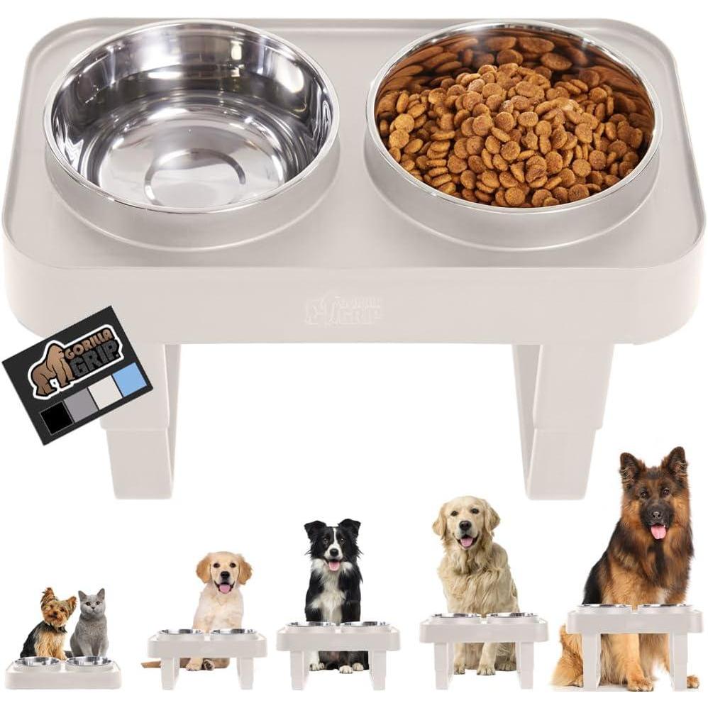 imageGORILLA GRIP Elevated Dog Bowls Stand 6 Cup Stainless Steel Food Bowl Set of 2 5 Height Adjustable Raised Feeding Station for Small Breed Puppy Dogs and Cats Medium Large Sized Pets Feeder Beige