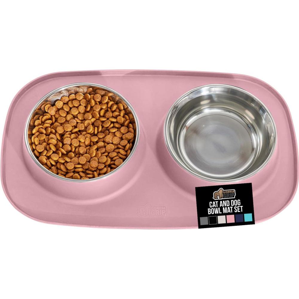 imageGORILLA GRIP Feeding Mat Set 4 Cup Patent Pending 100 Waterproof BPA Free Silicone Stainless Steel Cat and Dog Bowls Slip Resistant Edges Catch Water Food US Designed Pet Accessories TurquoiseLight Pink