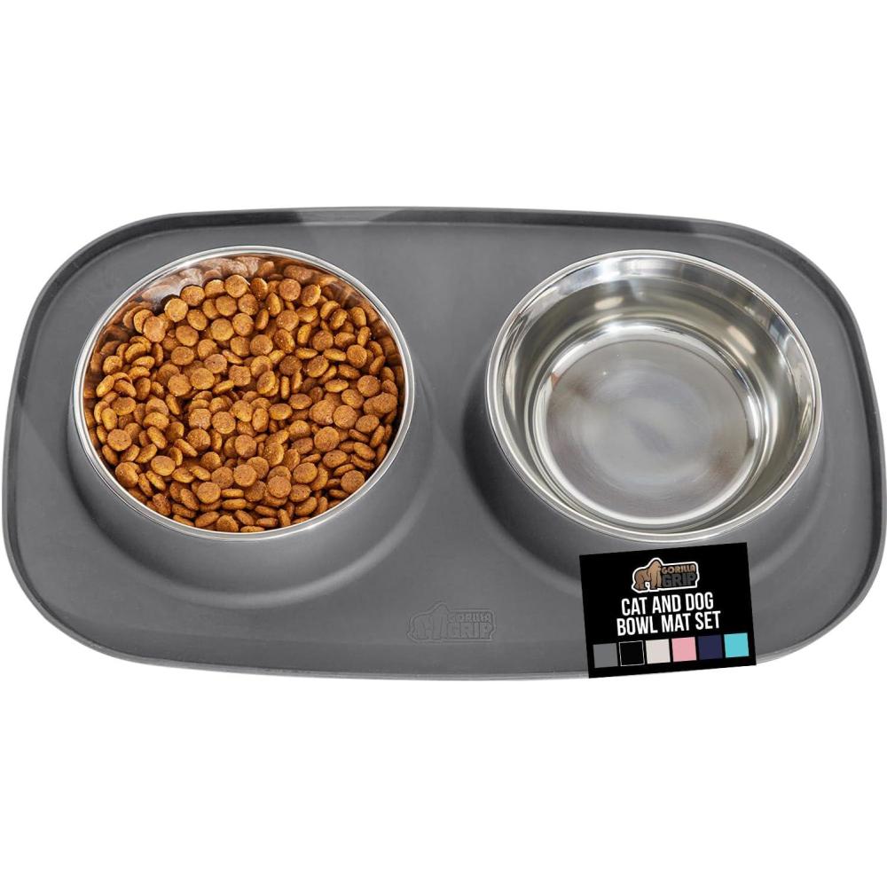 imageGORILLA GRIP Feeding Mat Set 4 Cup Patent Pending 100 Waterproof BPA Free Silicone Stainless Steel Cat and Dog Bowls Slip Resistant Edges Catch Water Food US Designed Pet Accessories TurquoiseGray