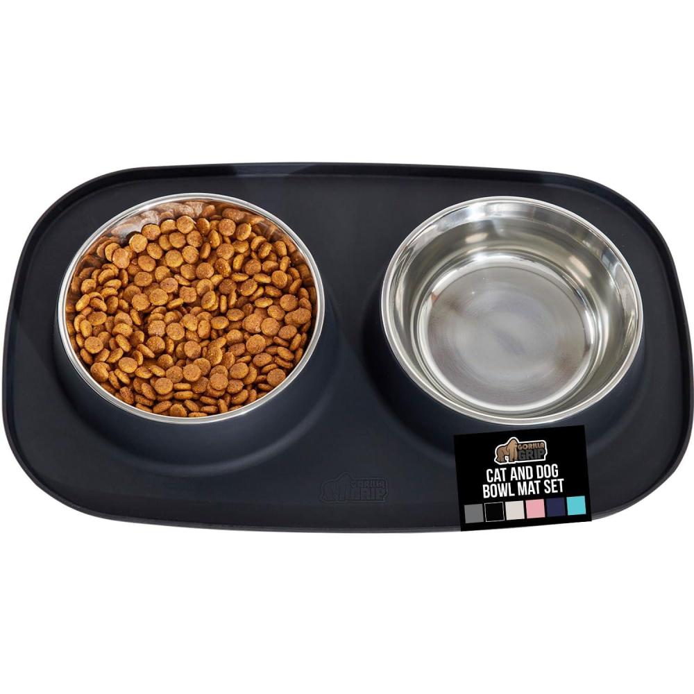 imageGORILLA GRIP Feeding Mat Set 4 Cup Patent Pending 100 Waterproof BPA Free Silicone Stainless Steel Cat and Dog Bowls Slip Resistant Edges Catch Water Food US Designed Pet Accessories TurquoiseBlack