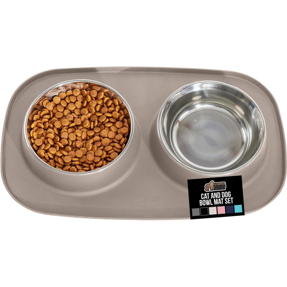 imageGORILLA GRIP Feeding Mat Set 4 Cup Patent Pending 100 Waterproof BPA Free Silicone Stainless Steel Cat and Dog Bowls Slip Resistant Edges Catch Water Food US Designed Pet Accessories TurquoiseBeige