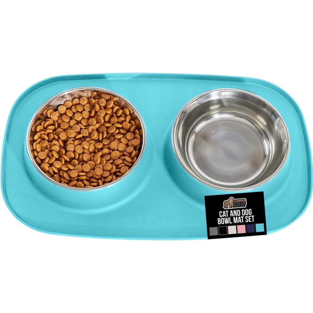 imageGORILLA GRIP Feeding Mat Set 4 Cup Patent Pending 100 Waterproof BPA Free Silicone Stainless Steel Cat and Dog Bowls Slip Resistant Edges Catch Water Food US Designed Pet Accessories TurquoiseTurquoise