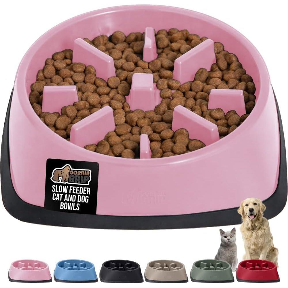 imageGORILLA GRIP Patented BPA Free Slow Feeder Dog Bowls Interactive Puzzle Toy for Dogs and Cats Food Training Enrichment Keeps Pets Busy and Prevents Puppy Overeating All Breeds 2 Cup GrayPink