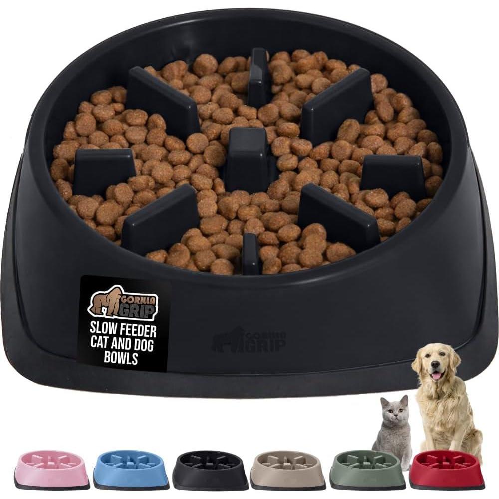 imageGORILLA GRIP Patented BPA Free Slow Feeder Dog Bowls Interactive Puzzle Toy for Dogs and Cats Food Training Enrichment Keeps Pets Busy and Prevents Puppy Overeating All Breeds 2 Cup GrayBlack