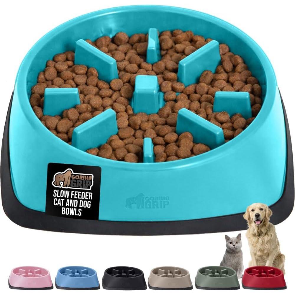 imageGORILLA GRIP Patented BPA Free Slow Feeder Dog Bowls Interactive Puzzle Toy for Dogs and Cats Food Training Enrichment Keeps Pets Busy and Prevents Puppy Overeating All Breeds 2 Cup GrayTurquoise