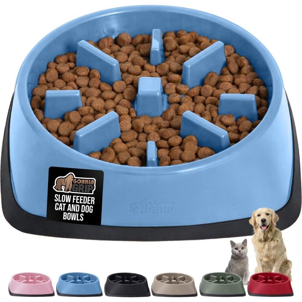 imageGORILLA GRIP Patented BPA Free Slow Feeder Dog Bowls Interactive Puzzle Toy for Dogs and Cats Food Training Enrichment Keeps Pets Busy and Prevents Puppy Overeating All Breeds 2 Cup GrayLight Blue