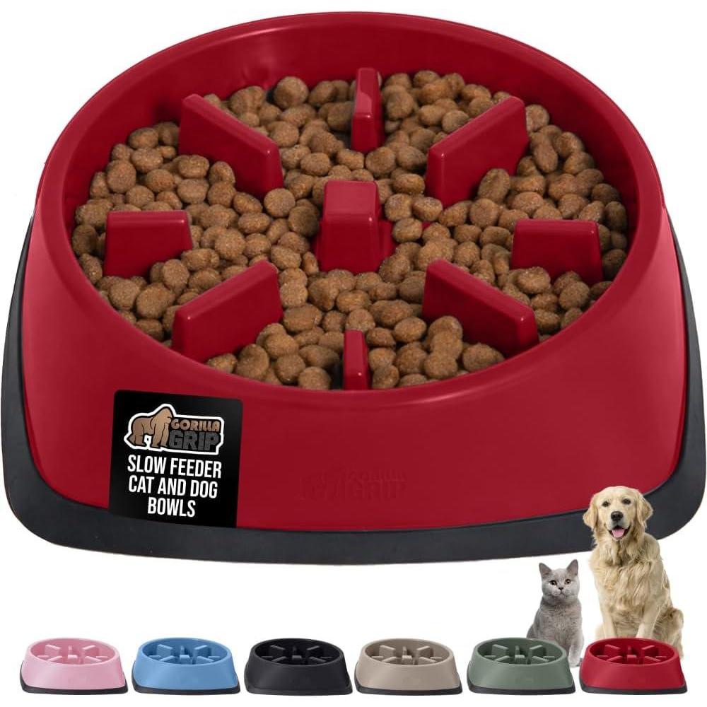imageGORILLA GRIP Patented BPA Free Slow Feeder Dog Bowls Interactive Puzzle Toy for Dogs and Cats Food Training Enrichment Keeps Pets Busy and Prevents Puppy Overeating All Breeds 2 Cup GrayRed