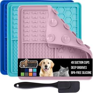 GORILLA GRIP BPA Free Silicone Lick Mat for Dogs, 49 Powerful Grip Suction Cups, Dishwasher and Freezer Safe Flexible Licking Pad for Dog Baths, Cat Grooming, Nail Trimming, Orange Purple 2 Pack(. Turquoise/Royal Blue/Pink)