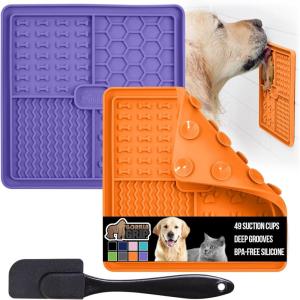 GORILLA GRIP BPA Free Silicone Lick Mat for Dogs, 49 Powerful Grip Suction Cups, Dishwasher and Freezer Safe Flexible Licking Pad for Dog Baths, Cat Grooming, Nail Trimming, Orange Purple 2 Pack(. Orange/Purple)