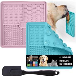 GORILLA GRIP BPA Free Silicone Lick Mat for Dogs, 49 Powerful Grip Suction Cups, Dishwasher and Freezer Safe Flexible Licking Pad for Dog Baths, Cat Grooming, Nail Trimming, Orange Purple 2 Pack(. Turquoise/Pink)